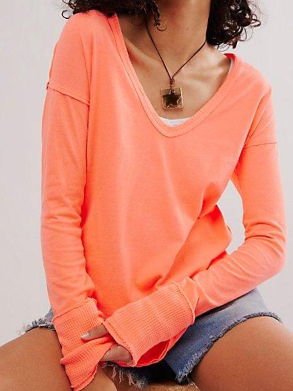 We The Free Sail Away Coastal Cruising Florescent Coral V-Neck Long Sleeved Top